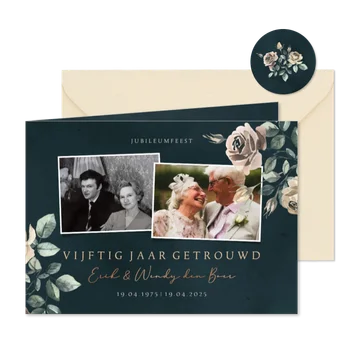 Jubileumkaart 50 jaar getrouwd fotocollage met bloemen
